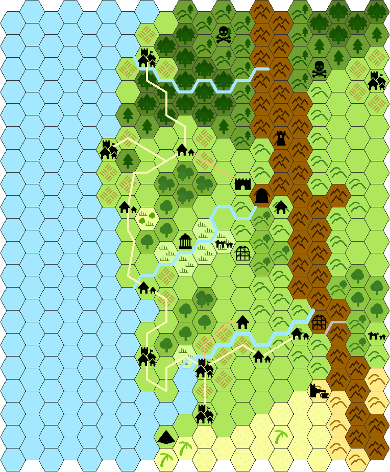 hex map, with contemporary cities, forests and "modern" trade routes