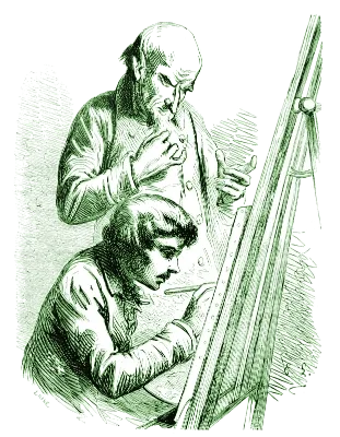 Older artist supervising a younger one, who's drawing on an easel