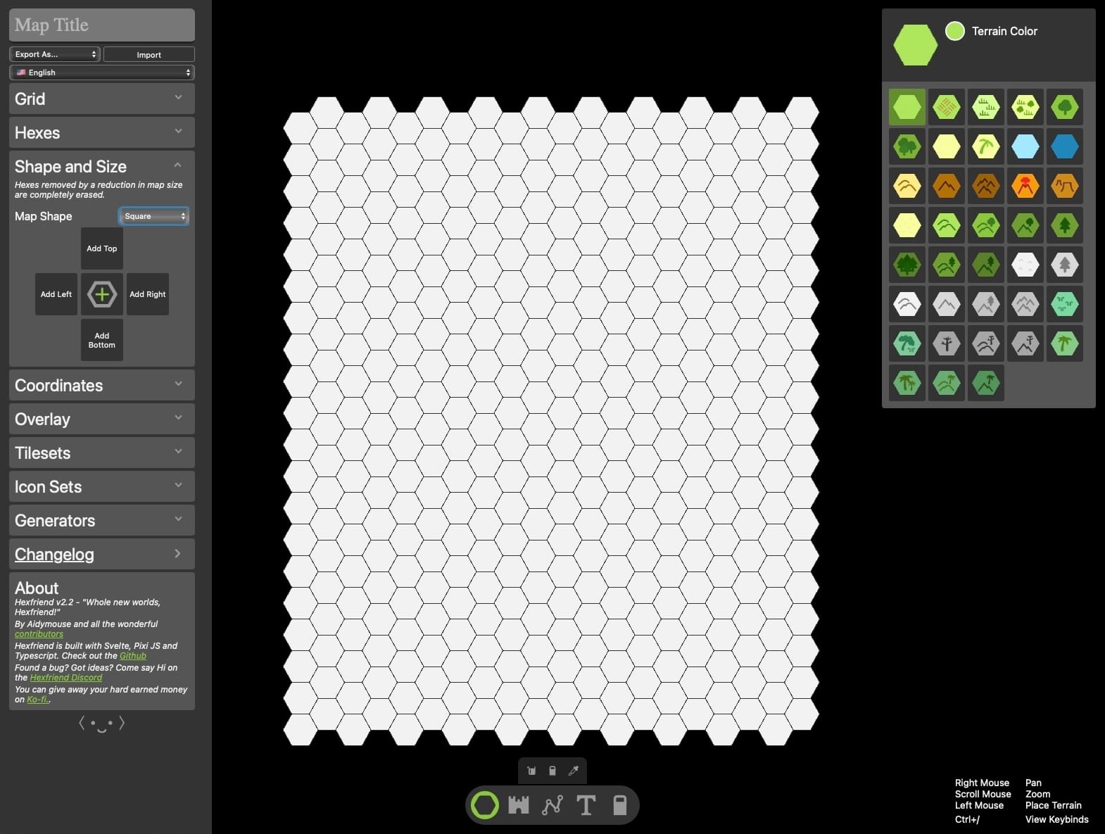 The web application hex friend, with a rectangular empty hex map created