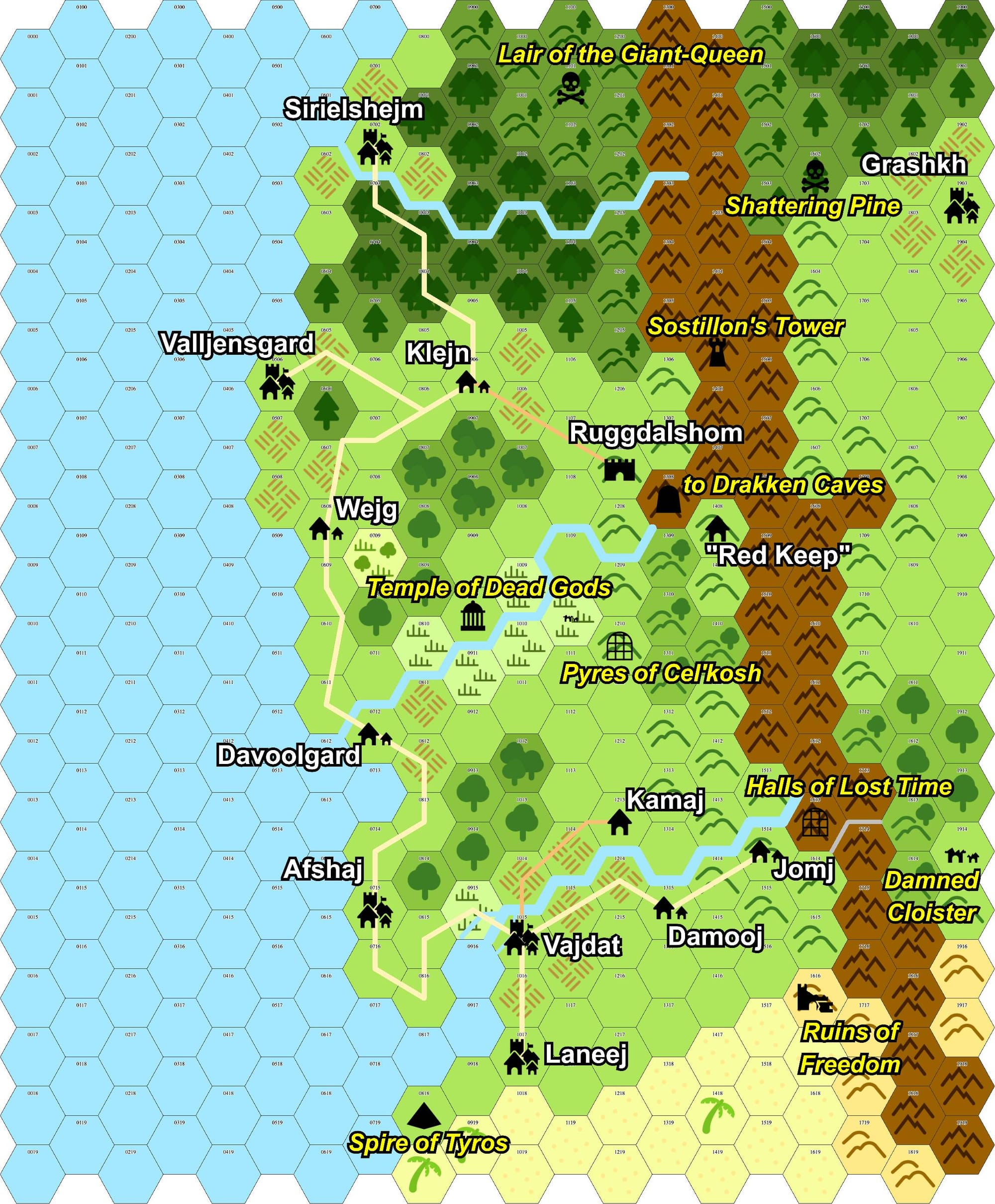 hex map, final version with some enhancements, everything has a name and there are row/column coordinates in each hex