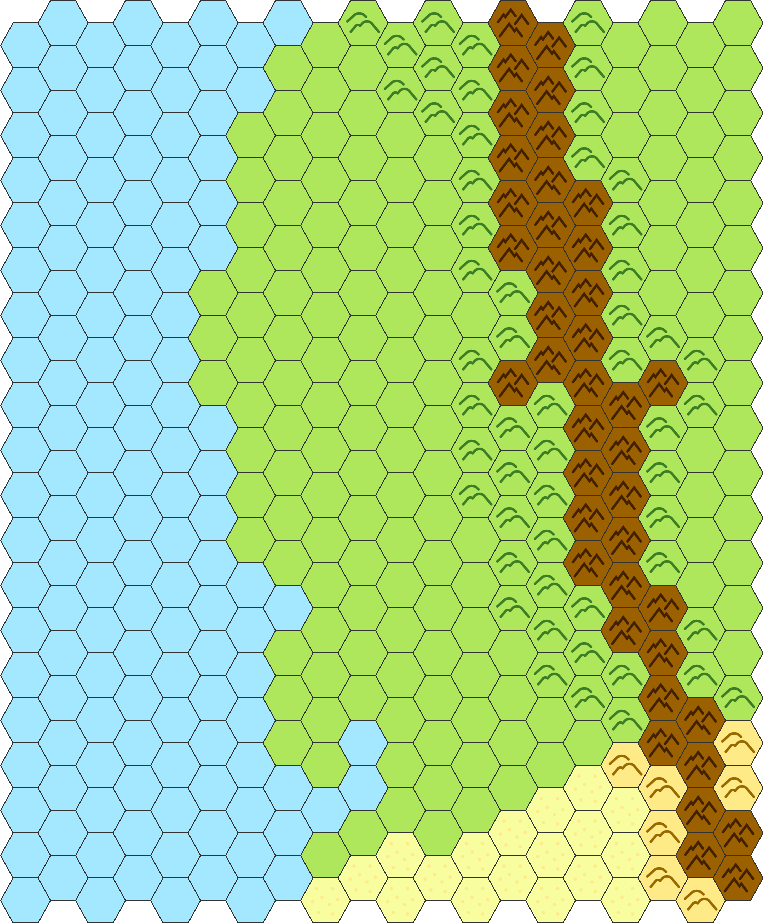 hex map, hills surrounding mountain chain