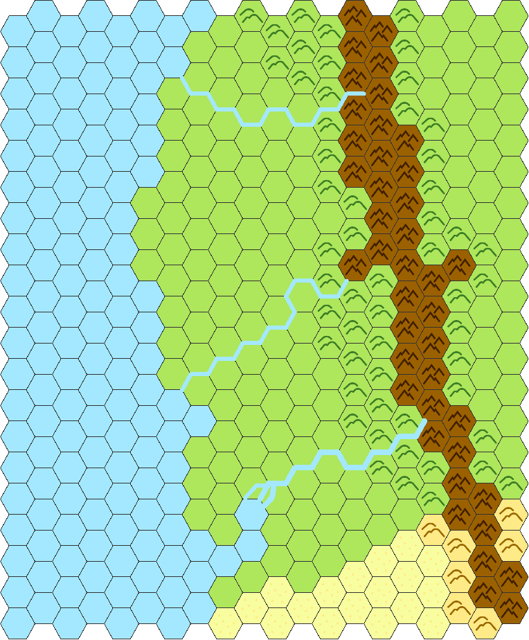 hex map with rivers added, bottom one has a delta