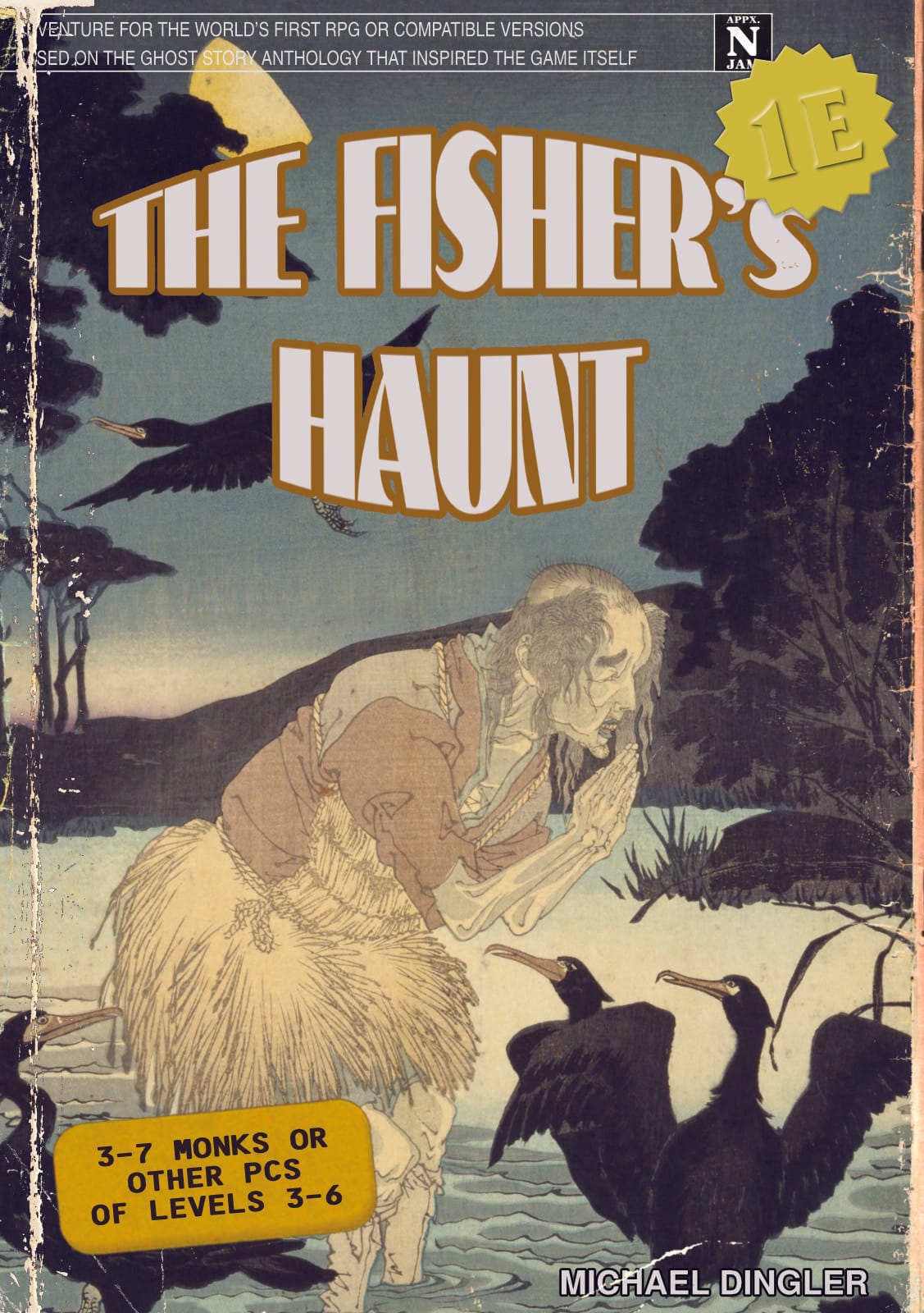 Fake novel cover "The Fisher's Haunt", featuring part of a Japanese ukiyo-e painting of a pale, bald fisher surrounded by black cormorants.