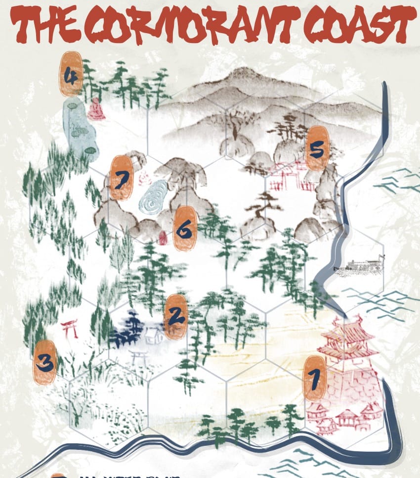 Fake ink-like map for the Cormorant Coast, featuring a castle, some woods, torii shrines…