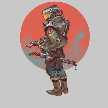 Person dressed in jeans, leather jacket adorned with spikes and a sci-fi helmet, ready to grasp their katana-style sword. Red and blue circle in the background, like a moon or sun.