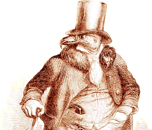 A man with the head of a vulture dressed in an old-fashioned suit with a top hat