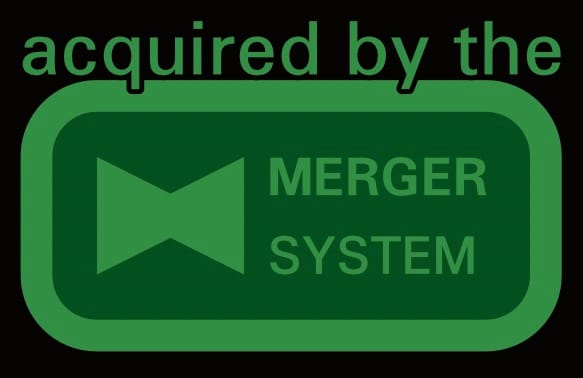 Simple Logo of two triangles merging in a rounded box, titled "Merger System".