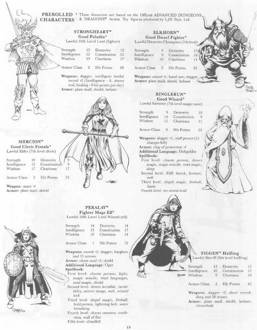 Six AD&D characters and their stats: Strongheart the Paladin, Mercion the Cleric Female(sic), Peralay the Fighter Mage Elf, Elkhorn the Dwarf Fighter, Ringlerun the Wizard, Figgen the Halfling