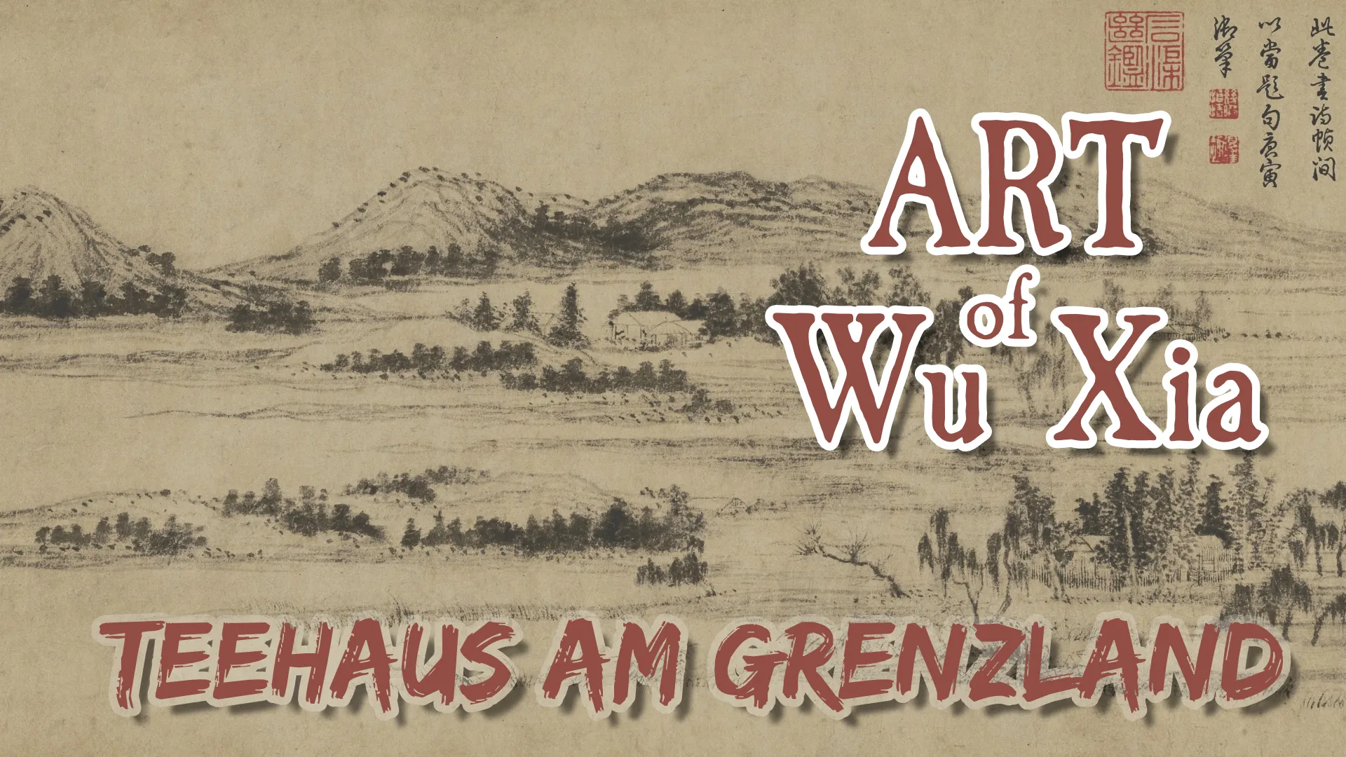 Sepia-toned Chinese painted landscape with the title of the game and system