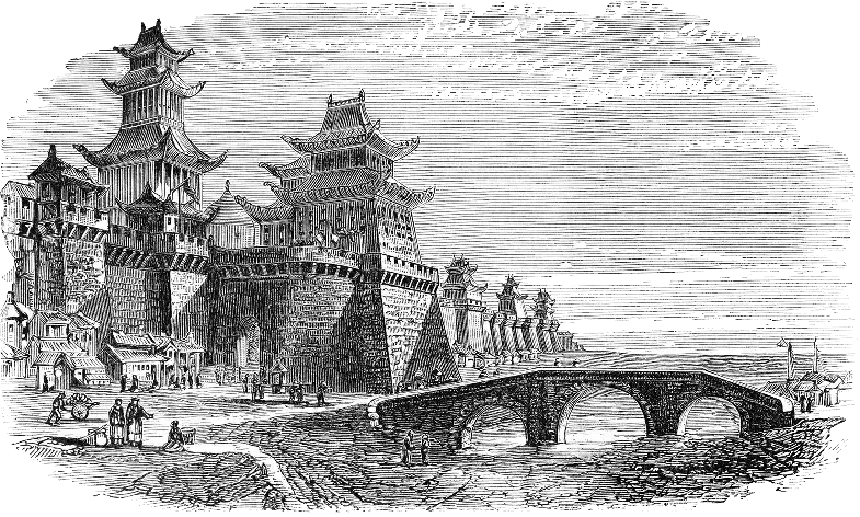 Old woodcut image showing the gates of Beijing/Peking, probably from the 19th century