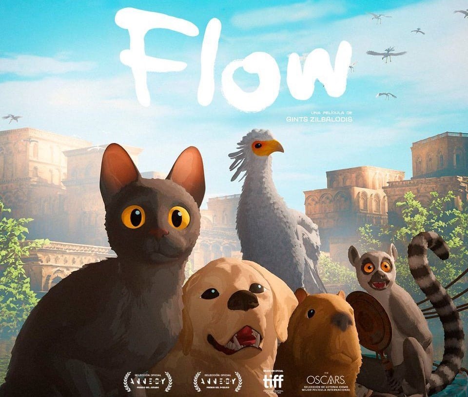 Ad image for the movie "flow" showing a cat, dog, capybara etc. in front of an empty, overgrown city.